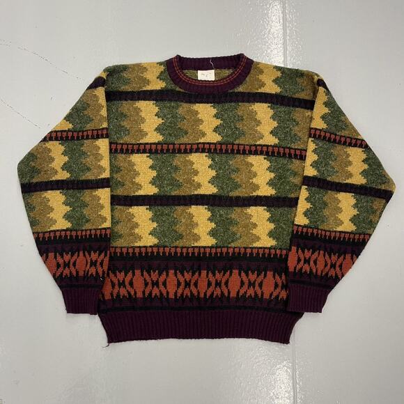 Vintage 80s Green/Yellow Acrylic Geometric Pattern Sweater - Picture 1 of 3